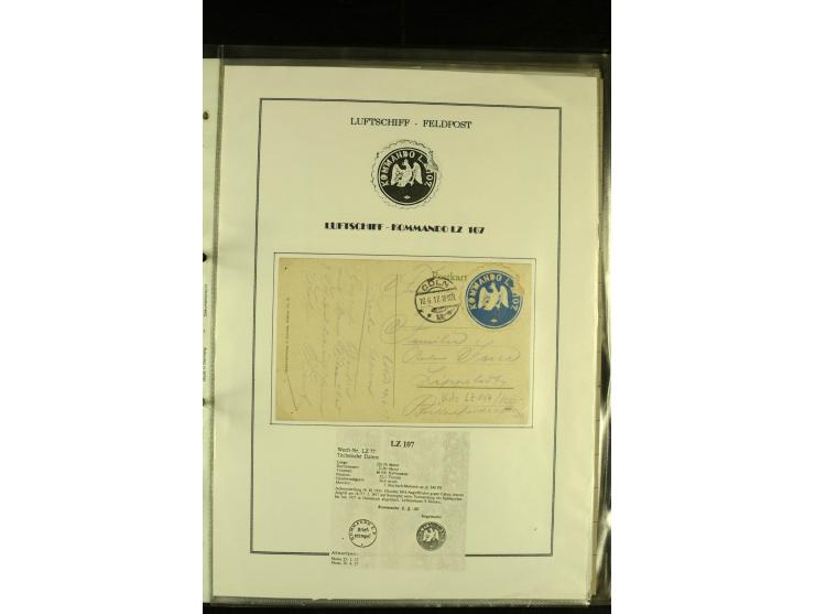 1915/1917, kleine Sammlung "Luftschiff-Feldpost" mit einigen Ansichtskarten diverser Luftschiffe, 3 Feldpostkarten mit Komman