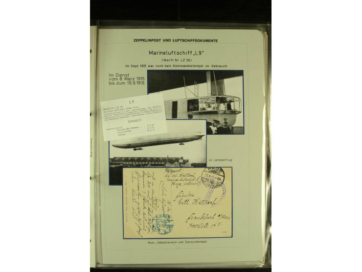 1915/1917, kleine Sammlung "Luftschiff-Feldpost" mit einigen Ansichtskarten diverser Luftschiffe, 3 Feldpostkarten mit Komman