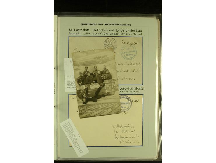 1915/1917, kleine Sammlung "Luftschiff-Feldpost" mit einigen Ansichtskarten diverser Luftschiffe, 3 Feldpostkarten mit Komman