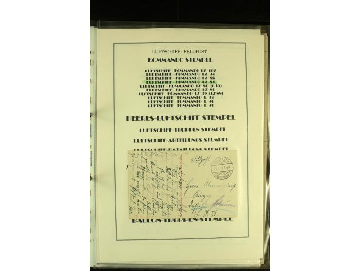 1915/1917, kleine Sammlung "Luftschiff-Feldpost" mit einigen Ansichtskarten diverser Luftschiffe, 3 Feldpostkarten mit Komman