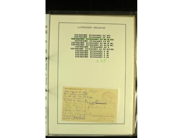 1915/1917, kleine Sammlung "Luftschiff-Feldpost" mit einigen Ansichtskarten diverser Luftschiffe, 3 Feldpostkarten mit Komman