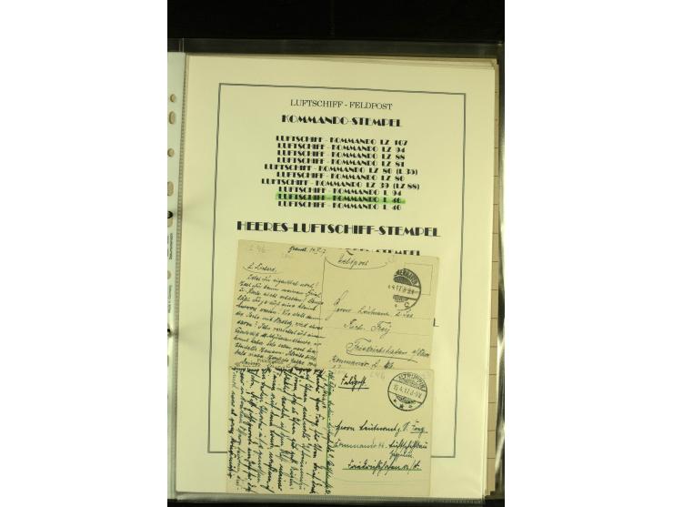 1915/1917, kleine Sammlung "Luftschiff-Feldpost" mit einigen Ansichtskarten diverser Luftschiffe, 3 Feldpostkarten mit Komman