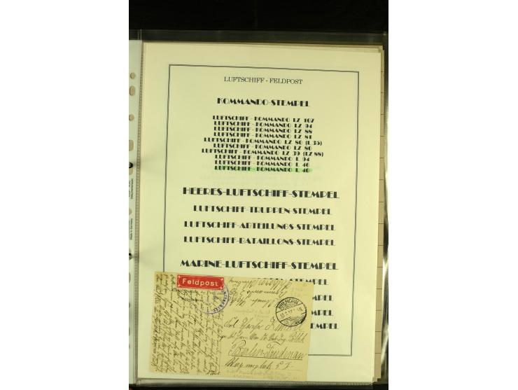 1915/1917, kleine Sammlung "Luftschiff-Feldpost" mit einigen Ansichtskarten diverser Luftschiffe, 3 Feldpostkarten mit Komman