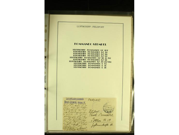 1915/1917, kleine Sammlung "Luftschiff-Feldpost" mit einigen Ansichtskarten diverser Luftschiffe, 3 Feldpostkarten mit Komman