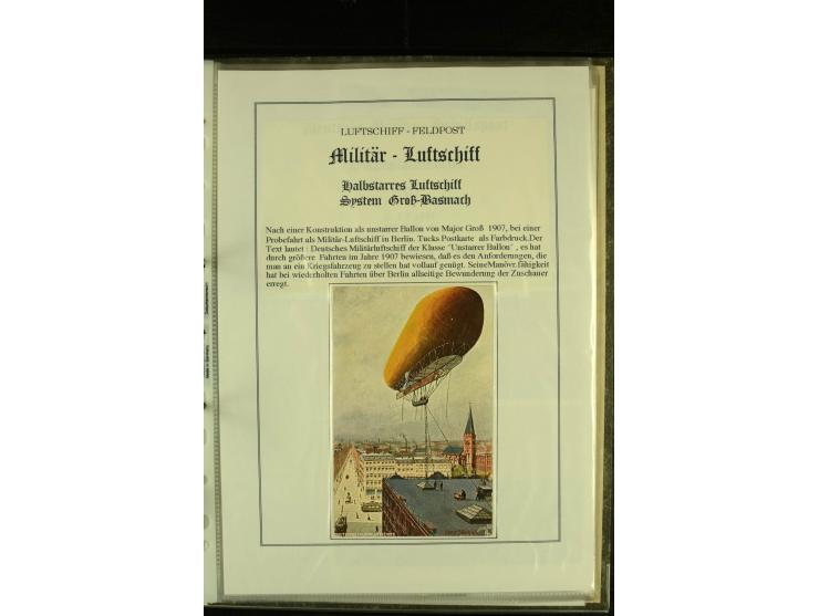 1915/1917, kleine Sammlung "Luftschiff-Feldpost" mit einigen Ansichtskarten diverser Luftschiffe, 3 Feldpostkarten mit Komman