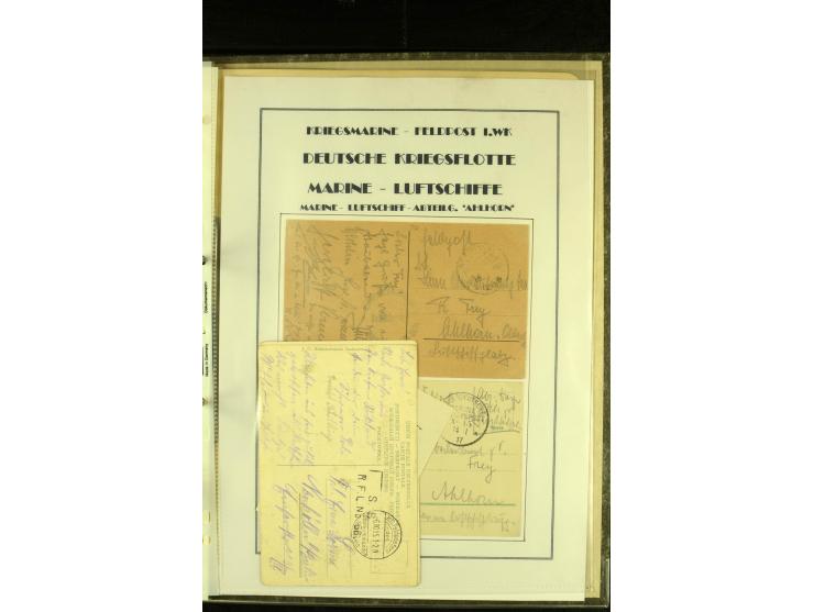 1915/1917, kleine Sammlung "Luftschiff-Feldpost" mit einigen Ansichtskarten diverser Luftschiffe, 3 Feldpostkarten mit Komman