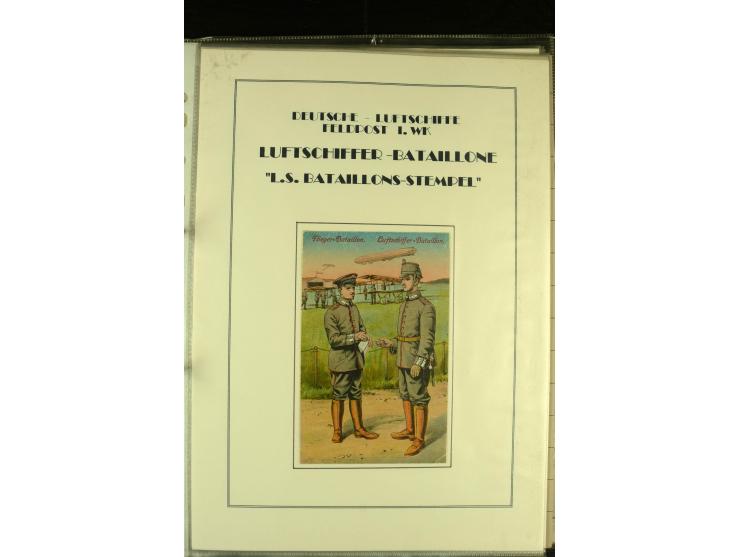 1915/1917, kleine Sammlung "Luftschiff-Feldpost" mit einigen Ansichtskarten diverser Luftschiffe, 3 Feldpostkarten mit Komman