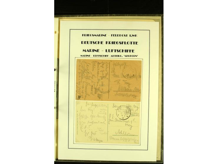 1915/1917, kleine Sammlung "Luftschiff-Feldpost" mit einigen Ansichtskarten diverser Luftschiffe, 3 Feldpostkarten mit Komman