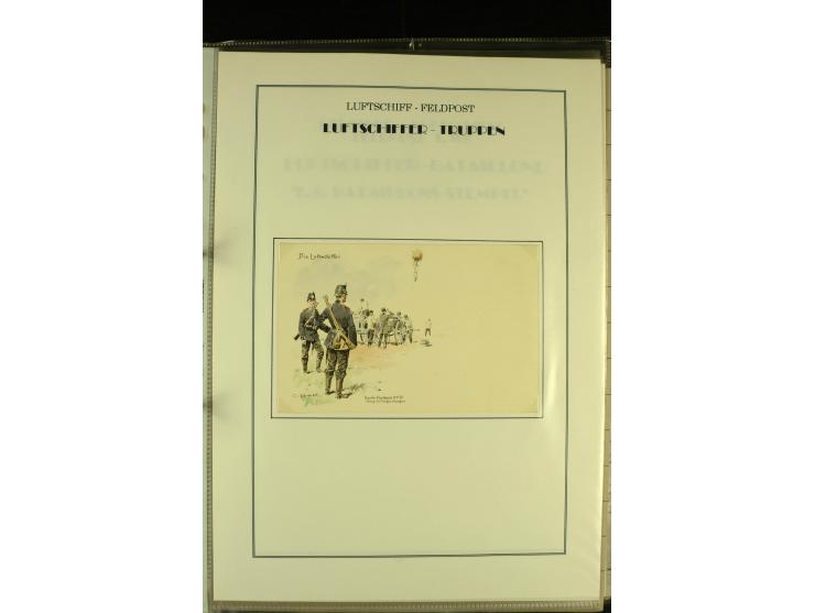 1915/1917, kleine Sammlung "Luftschiff-Feldpost" mit einigen Ansichtskarten diverser Luftschiffe, 3 Feldpostkarten mit Komman