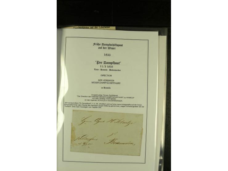 1845/1927, kleine Sammlung "Dampfschiffspost auf der Weser" mit u.a. 2 frühen Faltbriefen mit Leitvermerk "pr. Hermann" und "