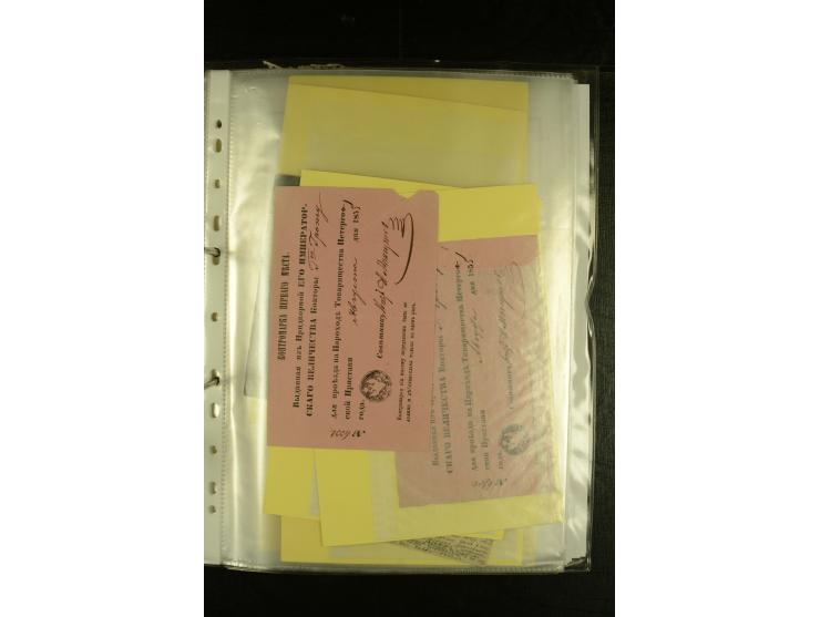 1855/1916, kleine Sammlung "Russische Schiffspost" mit einigen alten Frachtscheinen und 16 Schiffspost-Stempeln (ab 1903) bzw