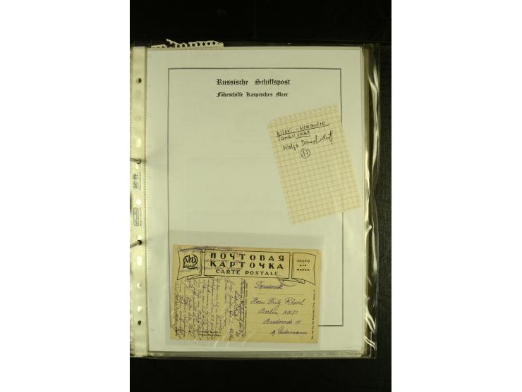 1855/1916, kleine Sammlung "Russische Schiffspost" mit einigen alten Frachtscheinen und 16 Schiffspost-Stempeln (ab 1903) bzw