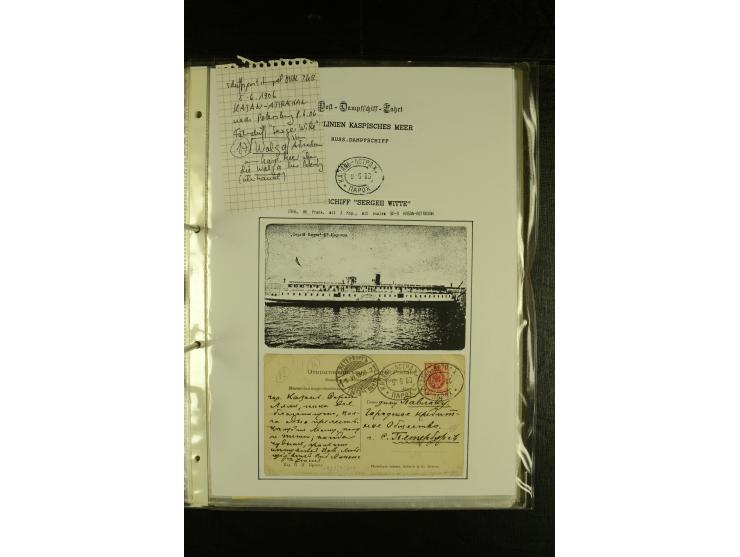 1855/1916, kleine Sammlung "Russische Schiffspost" mit einigen alten Frachtscheinen und 16 Schiffspost-Stempeln (ab 1903) bzw