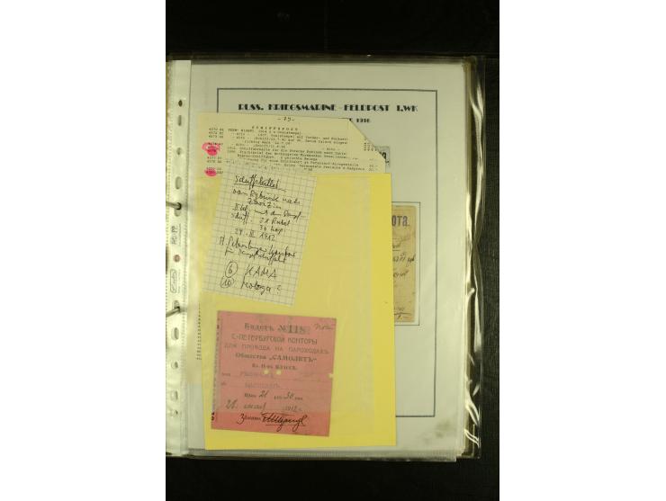 1855/1916, kleine Sammlung "Russische Schiffspost" mit einigen alten Frachtscheinen und 16 Schiffspost-Stempeln (ab 1903) bzw