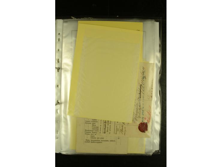 1855/1916, kleine Sammlung "Russische Schiffspost" mit einigen alten Frachtscheinen und 16 Schiffspost-Stempeln (ab 1903) bzw