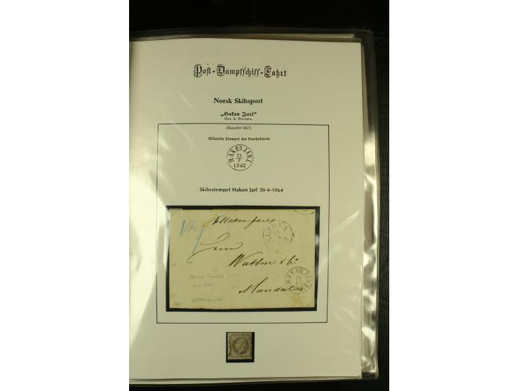 1860/1940, kleine Sammlung "Schiffspost in Norwegen" mit über 30 Briefen und Karten, dabei frühe Dampfschiffahrt mit Leitverm