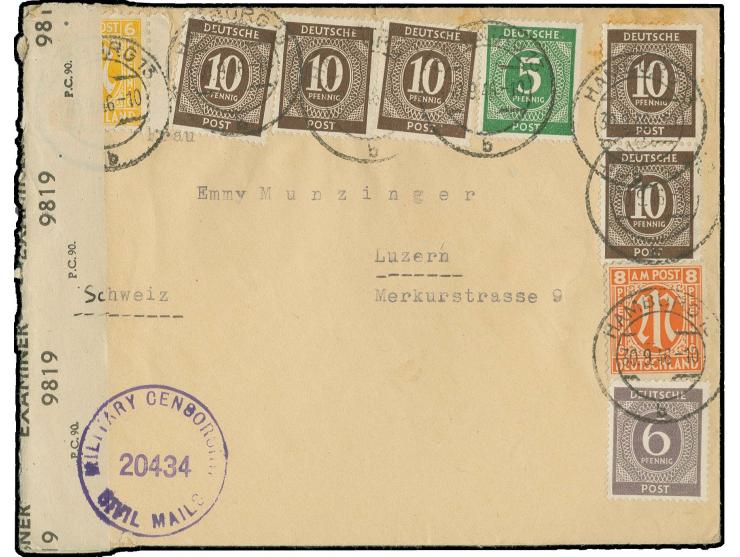 Ziffer 6 Pfg. schwarzviolettgrau mit portogerechter Zufrankatur auf Brief von "HAMBURG 30.9.46" mit Zensur-Stempel und Versch