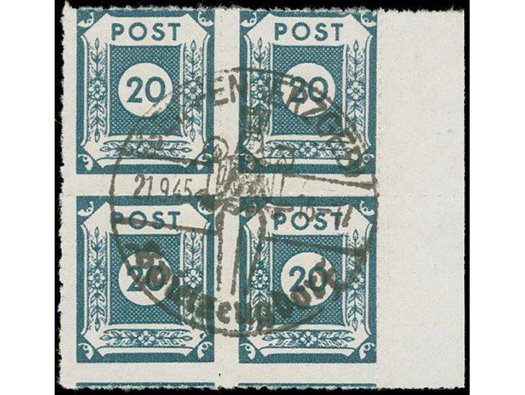 SEIFFEN: 20 Pfg. im 4er-Block vom rechten Bogenrand mit zentrischem Werbestempel "SEIFFEN 21.9.45", einwandfrei, Fotoattest S