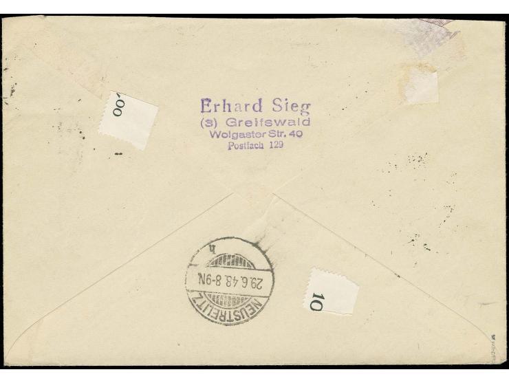 BEZIRK 38: "38 Greifswald" auf waagerechtem Paar 2 Pfg. mit Zufrankatur aus Bezirk 37 und 38 mit Stempel "GREIFSWALD 28.6.48"