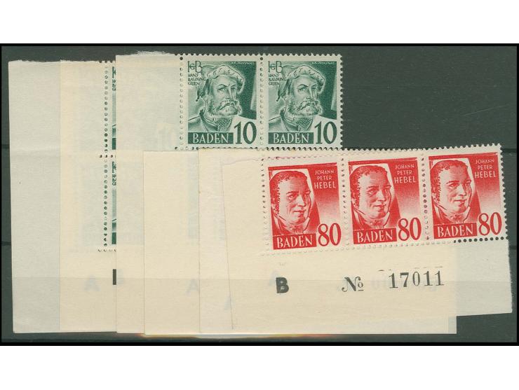 10 Pfg. im Viererblock (3), 20 Pfg. im 3er-Streifen (2) und Paar sowie 80 Pfg. im 3er-Streifen, insgesamt 6 Bogennummern, pos