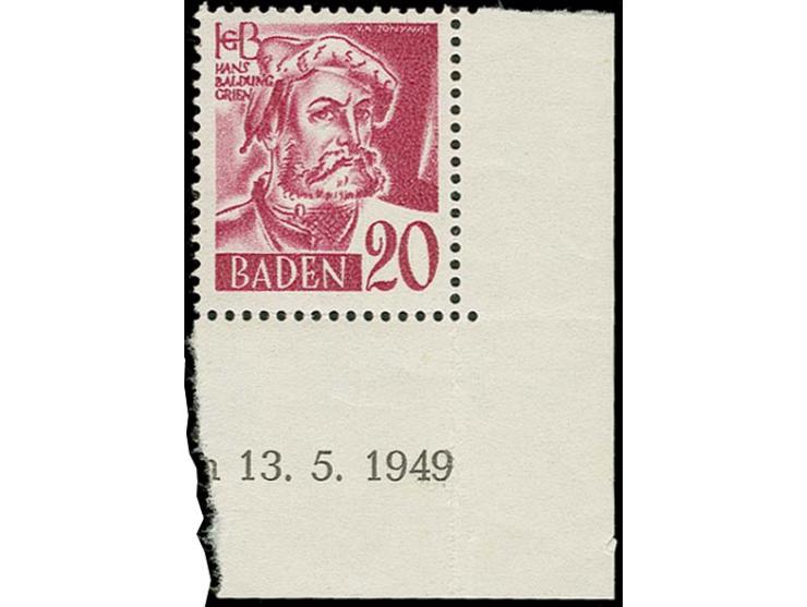 20 Pfg. von der rechten unteren Bogenecke mit Druckdatum 13.5.1949, nicht vollständig, aber sehr selten, postfrisch
