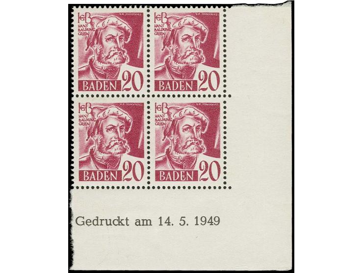 20 Pfg. im 4er-Block mit Druckdatum 14.5.1949, postfrisch, tadellos, sehr selten