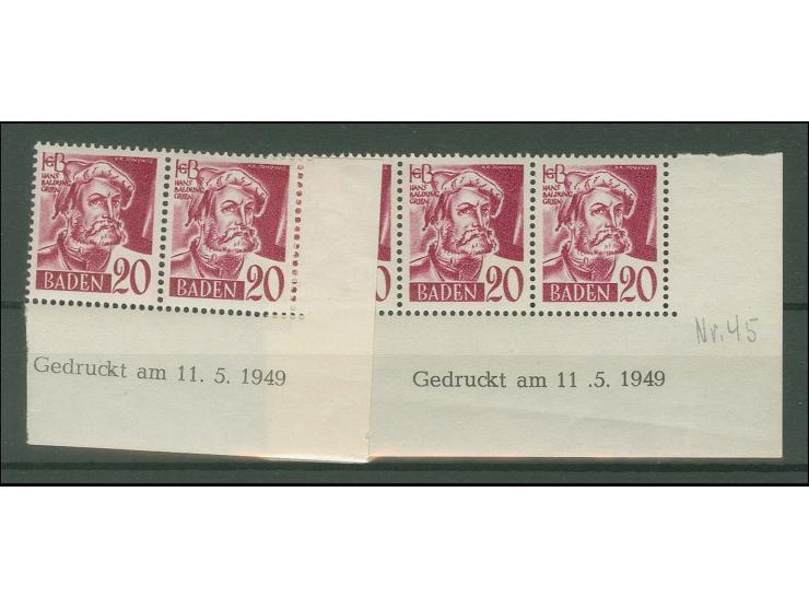 20 Pfg. im Paar und 3er-Streifen mit Druckdatum 11.5.1949 vom A+B-Bogen, postfrisch, tadellos, selten