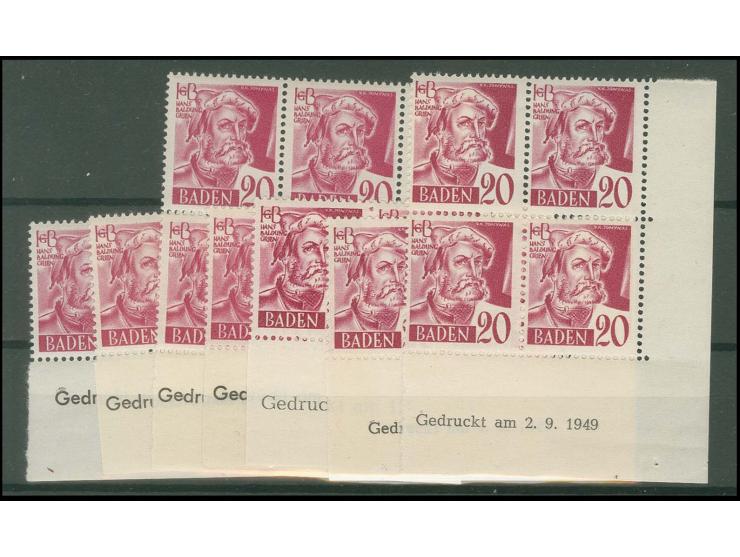 20 Pfg. in fünf Paaren und zwei 4er-Blöcken, 7 Druckdaten: 18., 19., 20. und 21.10.1948, 12.5.1949 sowie 1. und 2.9.1949, pos