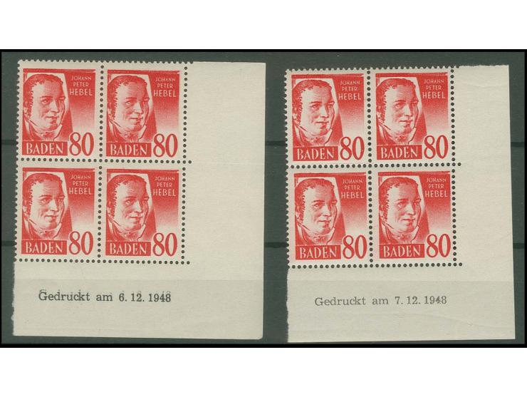 80 Pfg., die beiden Druckdaten 6. und 7.12.1948 in 2 Viererblöcken, postfrisch, Luxus