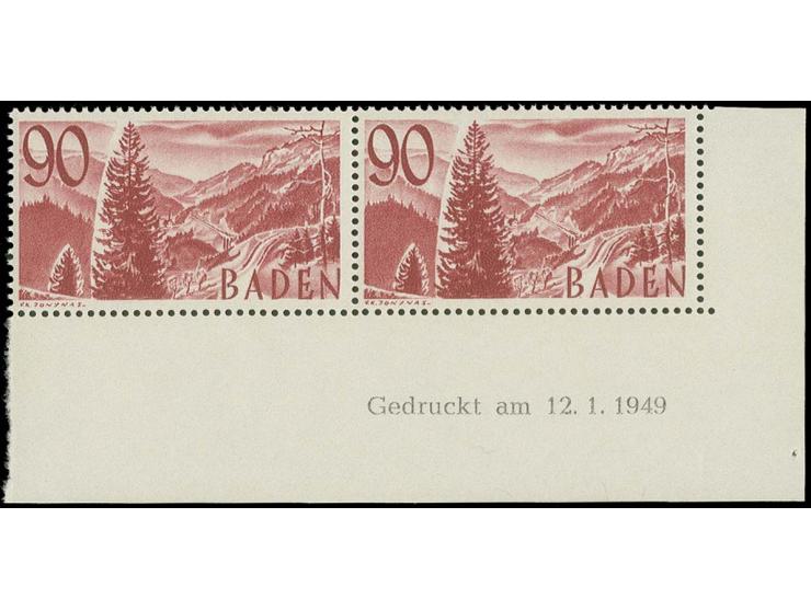 90 Pfg. im Paar aus der rechten unteren Bogenecke, Druckdatum 12.1.1949, postfrisch, Luxus