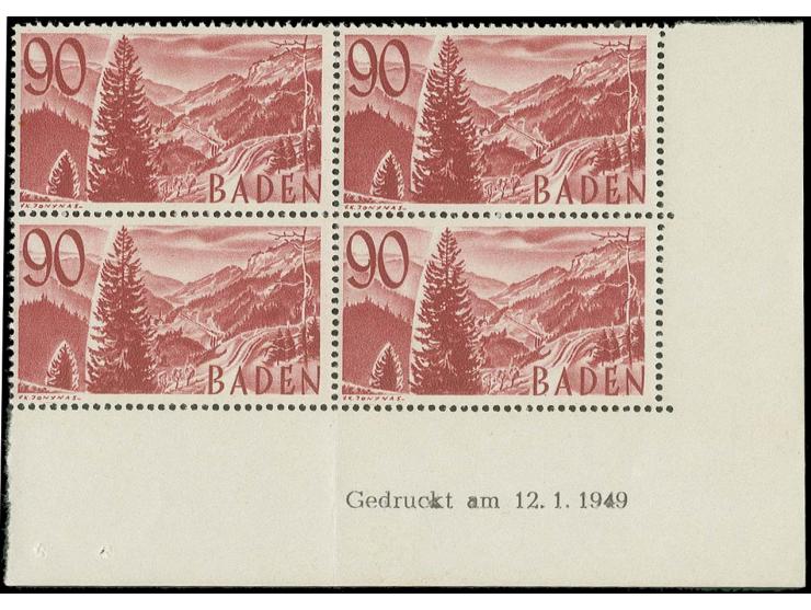 90 Pfg. im Viererblock aus der rechten unteren Bogenecke, Druckdatum 12.1.1949, postfrisch, tadellos, sign. Schlegel BPP