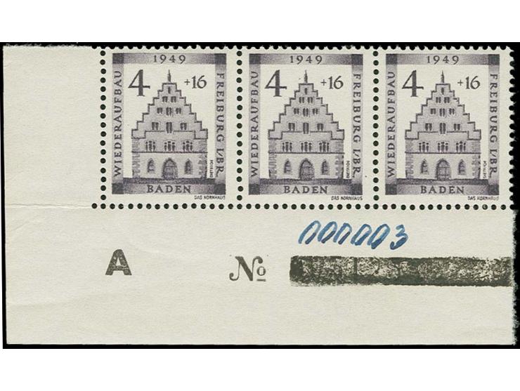 Wiederaufbau der Stadt Freiburg im Breisgau 4 Pfg. im Unterrand-4er-Streifen mit korrigierter Bogennummer A=005125=00003, pos