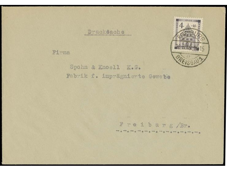 Wiederaufbau der Stadt Freiburg im Breisgau 4 Pfg., portogerechte Einzelfrankatur auf Ortsdrucksache vom 18.6.49, tadellos un