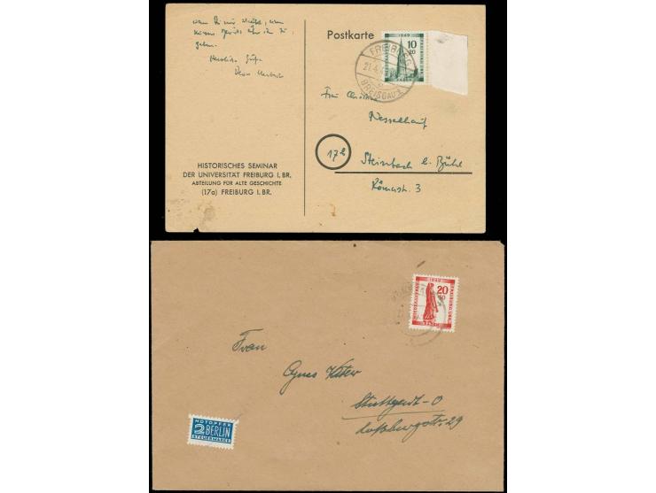 Wiederaufbau der Stadt Freiburg im Breisgau 10 Pfg. grün mit rechten Seitenrand auf portogerechter Postkarte vom 21.4.49, sow