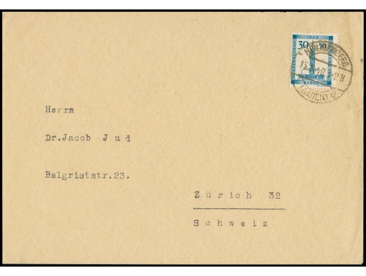 Wiederaufbau der Stadt Freiburg im Breisgau 30 Pfg. blau auf portogerechtem Auslandsbrief vom 15.8.49 von Heiligenberg/Bodens