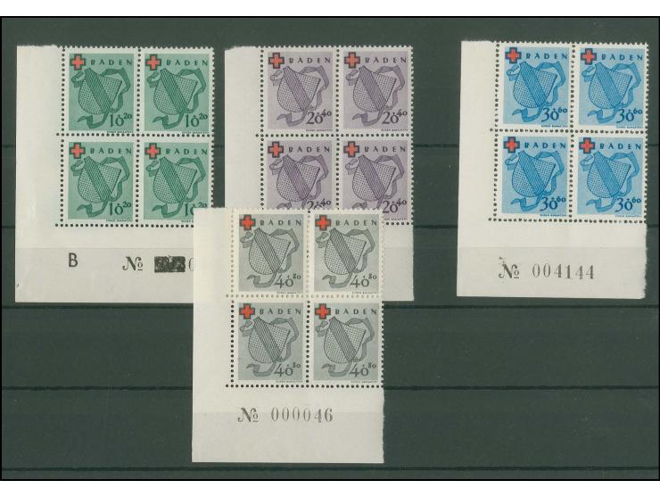 Rotes Kreuz 10-40 Pfg., jeweils im Viererblock aus der linken unteren Bogenecke mit Bogennummer, postfrisch, Luxus. Die Bogen