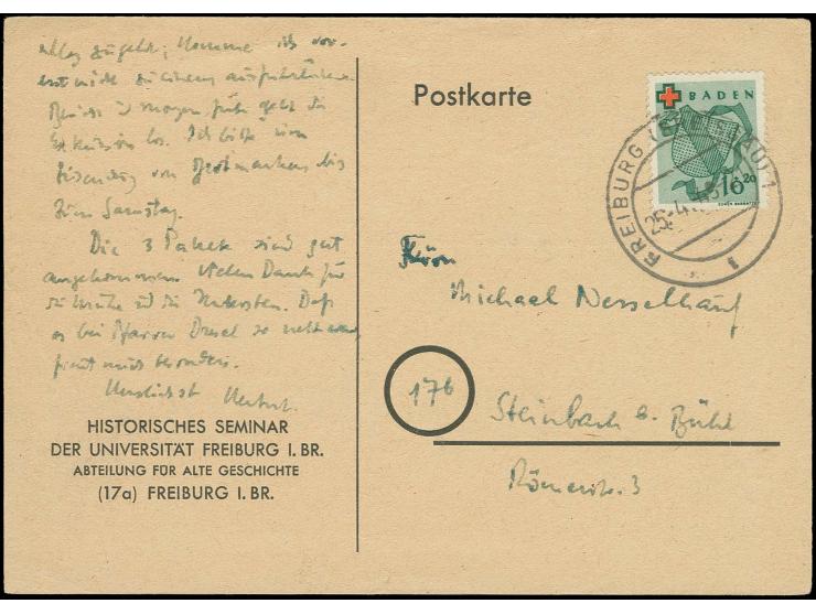 Rotes Kreuz 10 Pfg. auf portogerechter Postkarte vom 25.4.49, einwandfreie Erhaltung