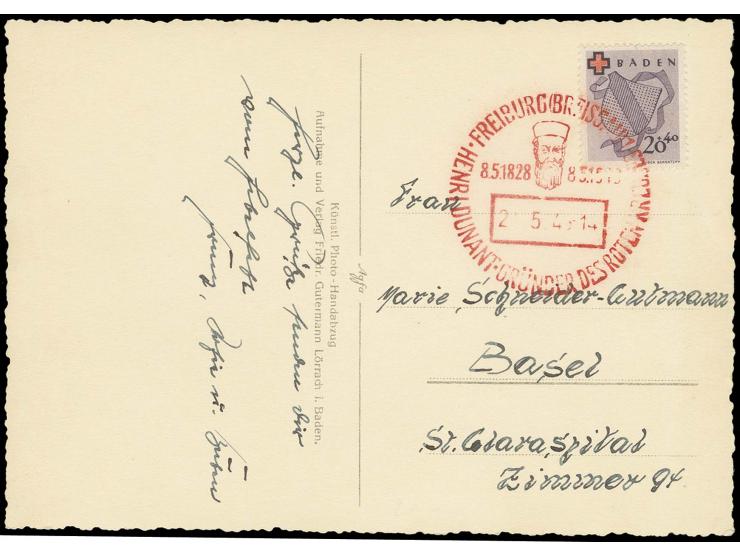 20 Pfg., portogerecht auf Postkarte in die Schweiz mit rotem Sonderstempel Henri Dunant; Luxus