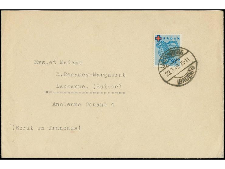 30 Pfg., portogerecht auf Auslandbrief vom 29.3.49 von Laufenburg nach Lausanne, sehr selten, tadellose Erhaltung
