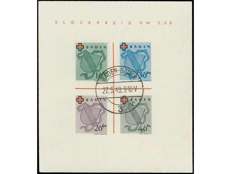 Rot-Kreuz-Block, Type II/II, mit klarem und zentrischem Stempel "BADEN-BADEN 27.5.49", tadellos, Fotoattest Straub BPP (Mi. 1