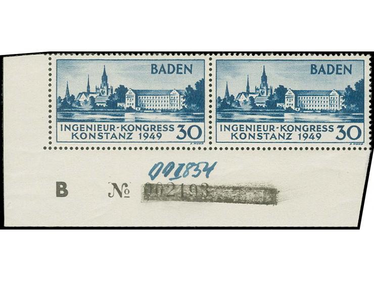 Konstanz 30 Pfg., Paar mit korrigierter Bogennummer B=002193=001854, postfrisch, tadellos