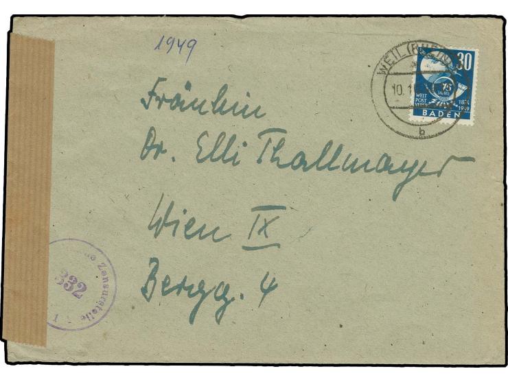 UPU 30 Pfg. als portogerechte Einzelfrankatur auf Auslandsbrief vom 10.10.49 von Weil am Rhein nach Wien, vorderseitig links 