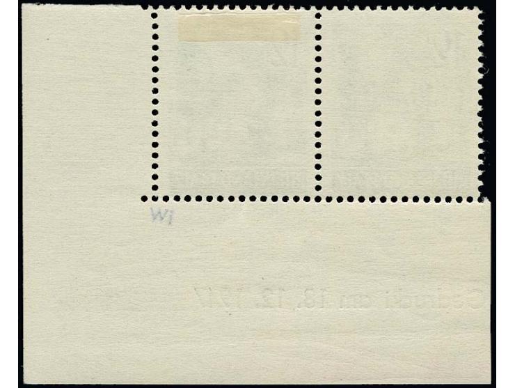 12 Pfg. schwärzlichblaugrün, waagerechtes Paar mit vollständigem Druckdatum 18.12.1947, eine Marke mit Falzrest, selten