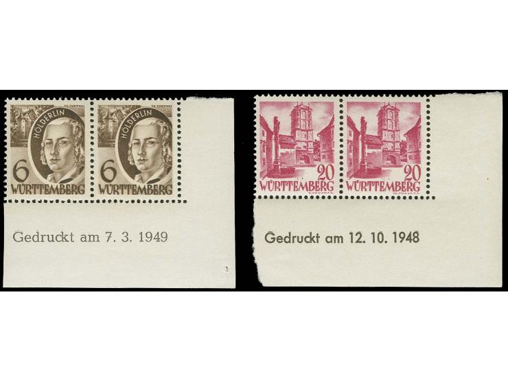 6 Pfg. mit Druckdatum 7.3.1949 und 20 Pfg. mit Druckdatum 12.10.1948, je im waagerechten Paar, postfrisch, tadellos