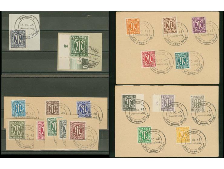 1 Pfg.-1 RM. mit Stempel "HANNOVER 17.10.45 Ausstellung der neue Weg" bzw. "STUTTGART 2.5.46" auf Briefstücken, 1 RM. aus der