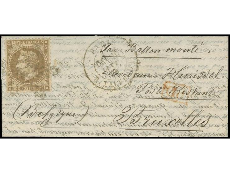 Letter from "PARIS 29. JANV: 71" to Bruxelles, endorsed "Par Ballon monte"; since the siege ended the day before transported 