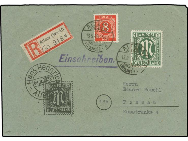 1 M. mit Zufrankatur mit Stempel "ALTENA 13.9.46" auf R-Brief nach Passau, Fotoattest Schlegel BPP