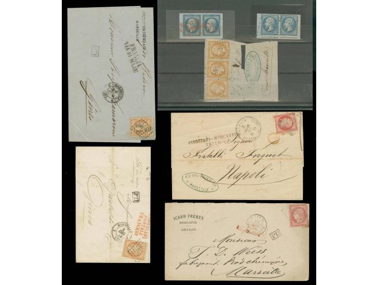 SCHIFFSPOST: 1862/72 (ca.), 4 frankierte Briefe und 4 Briefstücke, dabei Fremdentwertung Italien mit nebengesetztem "PIROSCAF