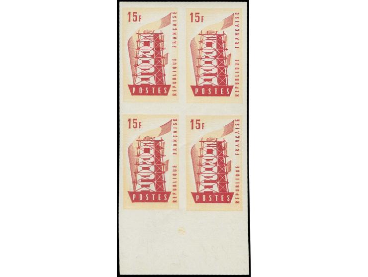 15 fr., imperforated colour proofs, 3 different colours in blocks of 4, unmounted mint