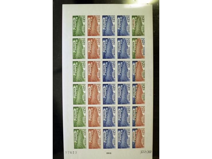 1962/91, ungezähnte Farbprobedrucke in kompletten Bogen, nur komplette CEPT-Ausgaben, postfrisch, 2 Stück mit Stempel des Pos